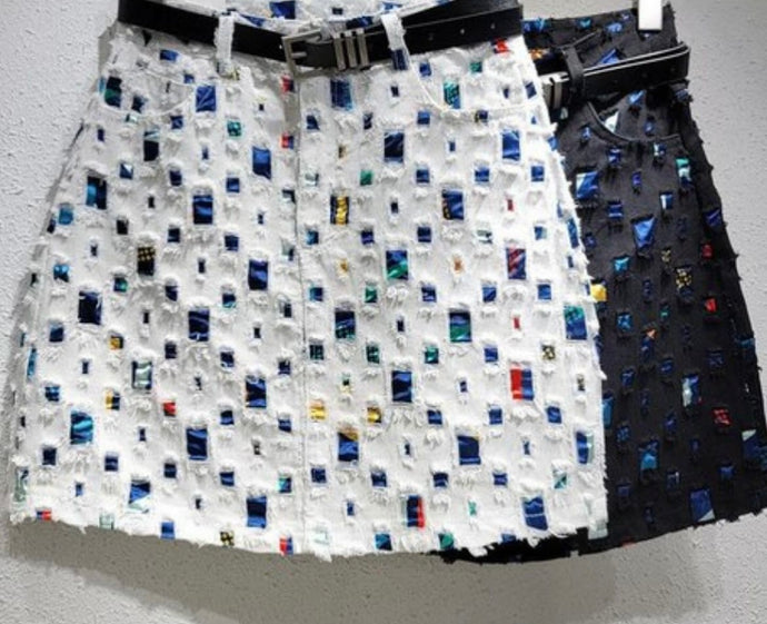 Distressed Marble Denim Skirt