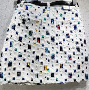 Distressed Marble Denim Skirt