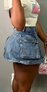 Denim Cargo Pleated Skirt