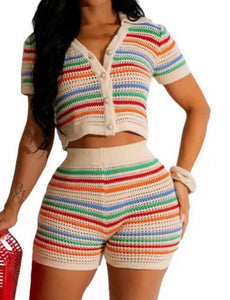 Collared Stripe Knitted Short Set