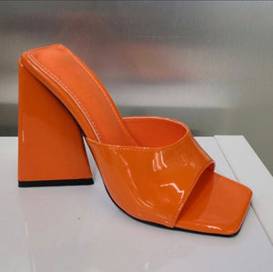 Orange square toe faux patent material